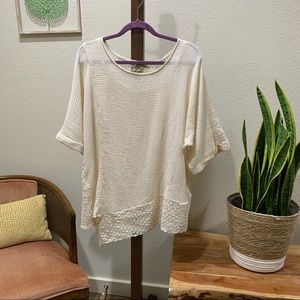 Democracy Asymmetrical Boho top, built in camisole liner, lacy back